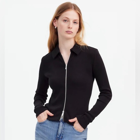 Madewell Ribbed Zip-Front Tee True Black Sweater Collar Polo NWT Size S - Picture 1 of 7
